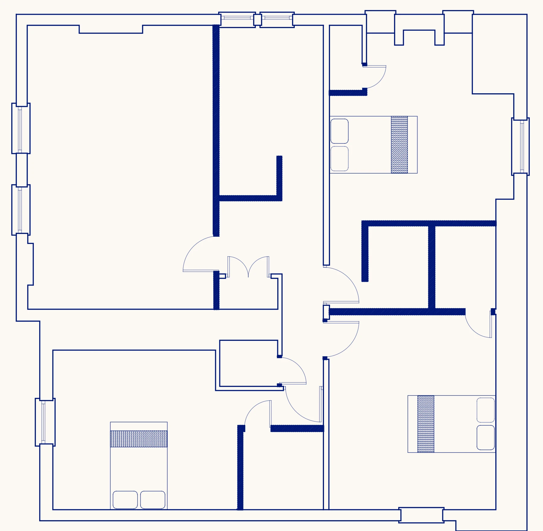 Floorplan of Dachshund Den: kitchen, lounge, bedroom 1, ensuite, ensuite, bedroom 2, bedroom 3, ensuite, storage, utility, hall, landing
