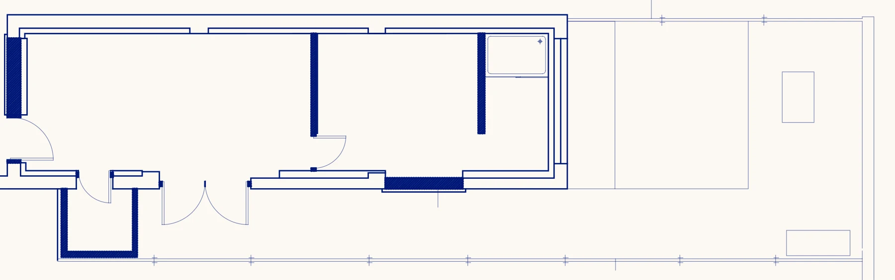 Floorplan of Pug Pad: kitchen, lounge, bedroom, ensuite, utility, private garden, patio